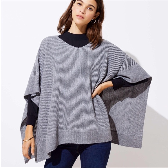 Loft Gray Ribbed Knit Poncho - Picture 1 of 11